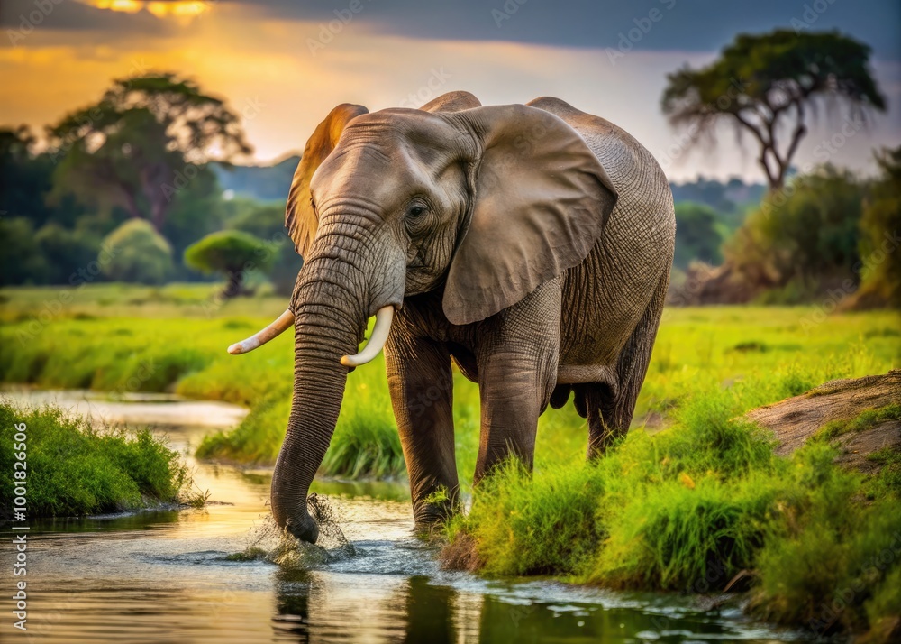 Fototapeta premium Majestic Elephant Urination in Natural Habitat Showcasing Wildlife Behavior and Ecosystem Dynamics