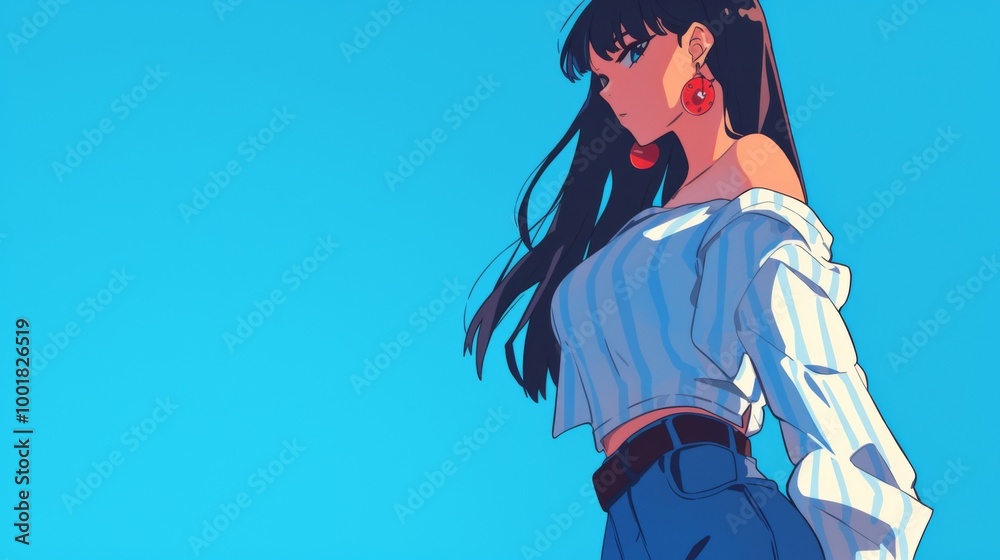an attractive woman with long black hair and red earrings, dressed in jeans and a white shirt adorned with blue stripes an attractive woman with long black hair and red earrings, dressed in jeans and a white shirt adorned with blue stripes