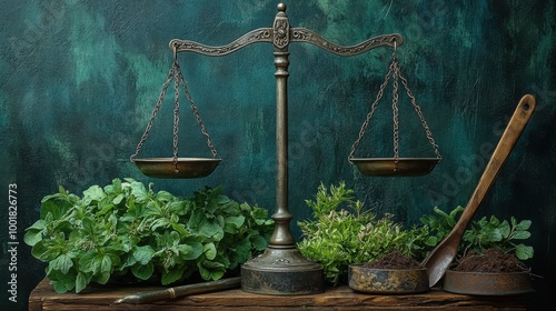 Vintage Balance Scale with Fresh Herbs and Gardening Tools on Rustic Wooden Table photo