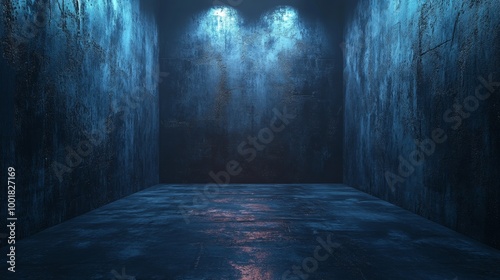 A dark room with a blue wall and a floor