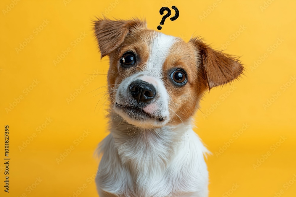 Adorable Confused Puppy Surrounded by Question Marks on Bright Yellow Background Adorable Confused Puppy Surrounded by Question Marks on Bright Yellow Background