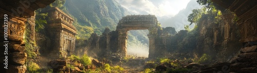 Bring ancient history to life! Create a captivating image from a low-angle view showcasing the study and exploration of ancient ruins Highlight the mystery and allure of uncovering the past.,