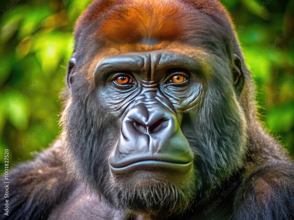 Fototapeta premium Majestic Gorilla Face Displaying Intense Expression in Natural Habitat, Close-Up Shot of Primate