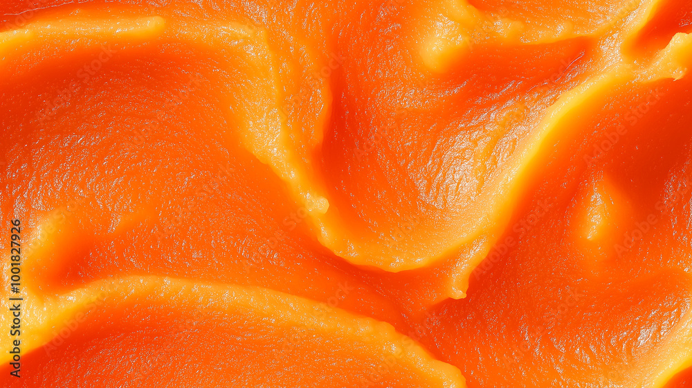 a close-up, top-down view, texture background of carrot-apple puree filling the frame with its bright orange-red color and smooth texture a close-up, top-down view, texture background of carrot-apple puree filling the frame with its bright orange-red color and smooth texture