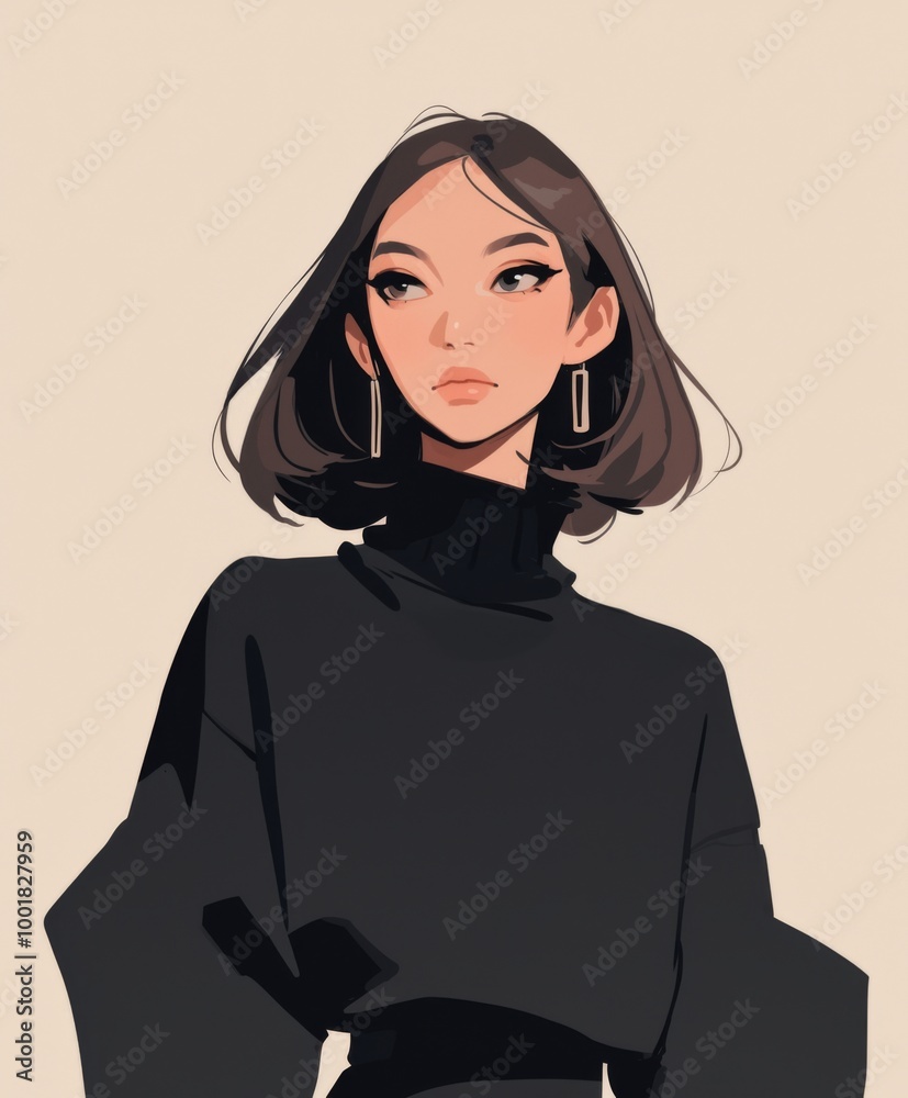 Fototapeta premium A portrait of an edgy woman with shoulder-length hair, dressed in a black turtleneck sweater and pants.