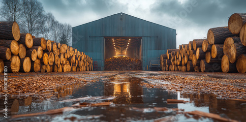 Large pile of tree trunks and timber processing factory on a cloudy day in a lumber yard photo