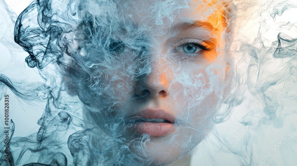 Portrait of a woman surrounded by swirling blue smoke Portrait of a woman surrounded by swirling blue smoke