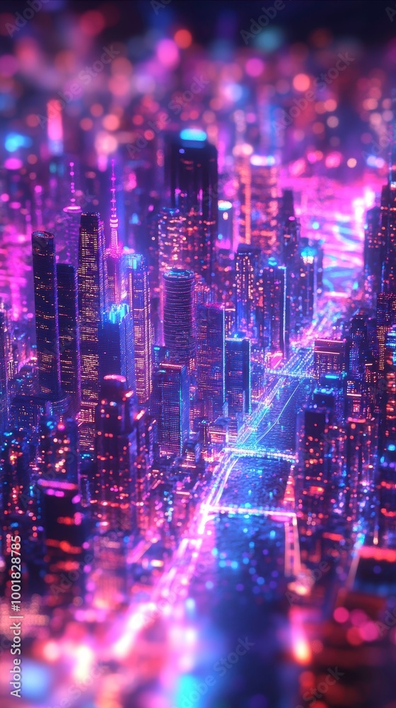 Obraz premium Craft a striking visual representation of a vibrant cityscape where buildings morph into interconnected neural networks, symbolizing a communitys shared consciousness Play with light and shadow to