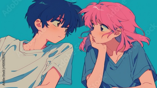 Wallpaper Mural A retro anime boy with dark blue hair  , sits beside his pink-haired girlfriend, both gazing at each other lovingly.  Torontodigital.ca