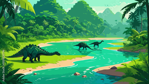 vector illustration of dinosaur is green and big he likes to live in nature or adventure or incredible place.