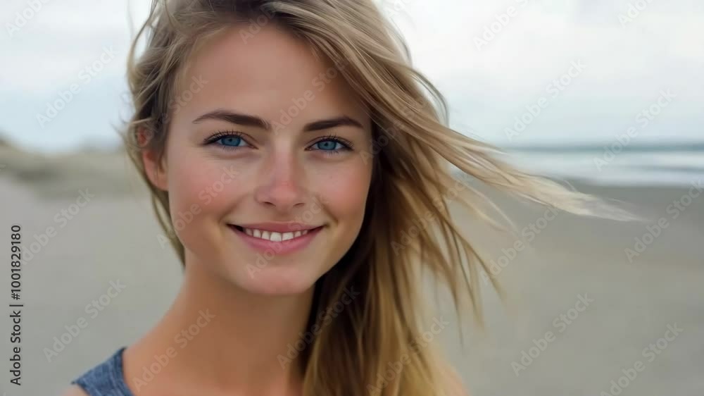 A natural portrait of a young woman with long blonde hair standing on a beach, looking confidently into the camera. A natural portrait of a young woman with long blonde hair standing on a beach, looking confidently into the camera.