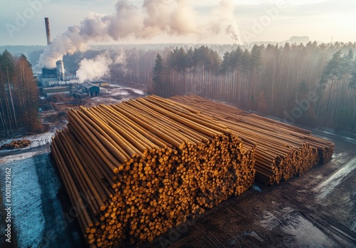 Aerial view of lumberyard and wooden chip factory near forest on a clear day with blue sky