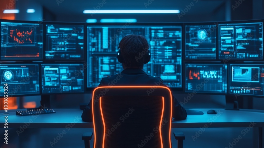 A person is seated in front of multiple glowing screens, immersed in data analysis within a futuristic, tech-driven environment. A person is seated in front of multiple glowing screens, immersed in data analysis within a futuristic, tech-driven environment.