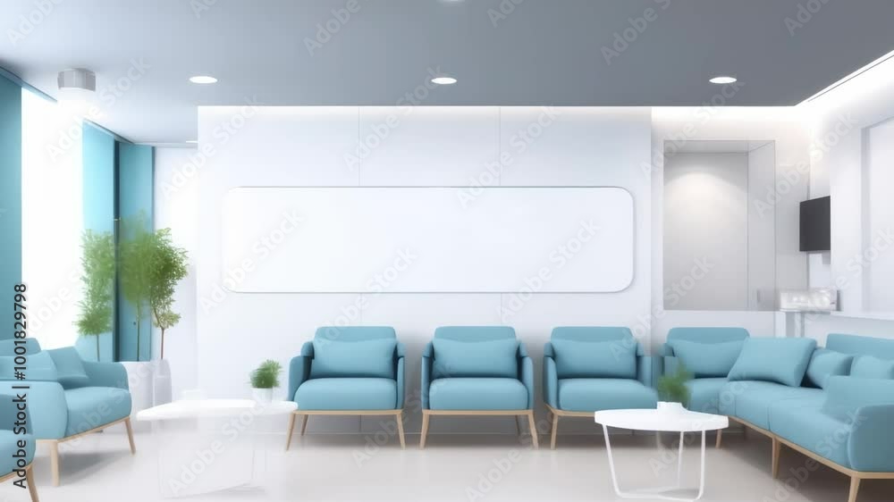 Comfortable blue armchairs standing in two rows in a modern and minimal waiting room, a large empty frame is hanging on a white wall Comfortable blue armchairs standing in two rows in a modern and minimal waiting room, a large empty frame is hanging on a white wall