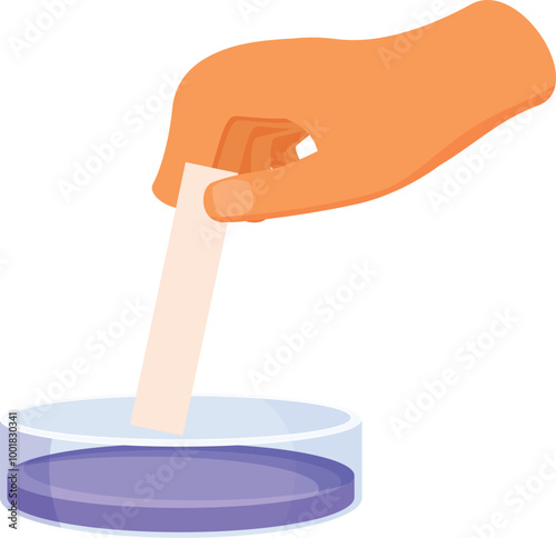 Hand holding a piece of litmus paper over a petri dish containing blue liquid