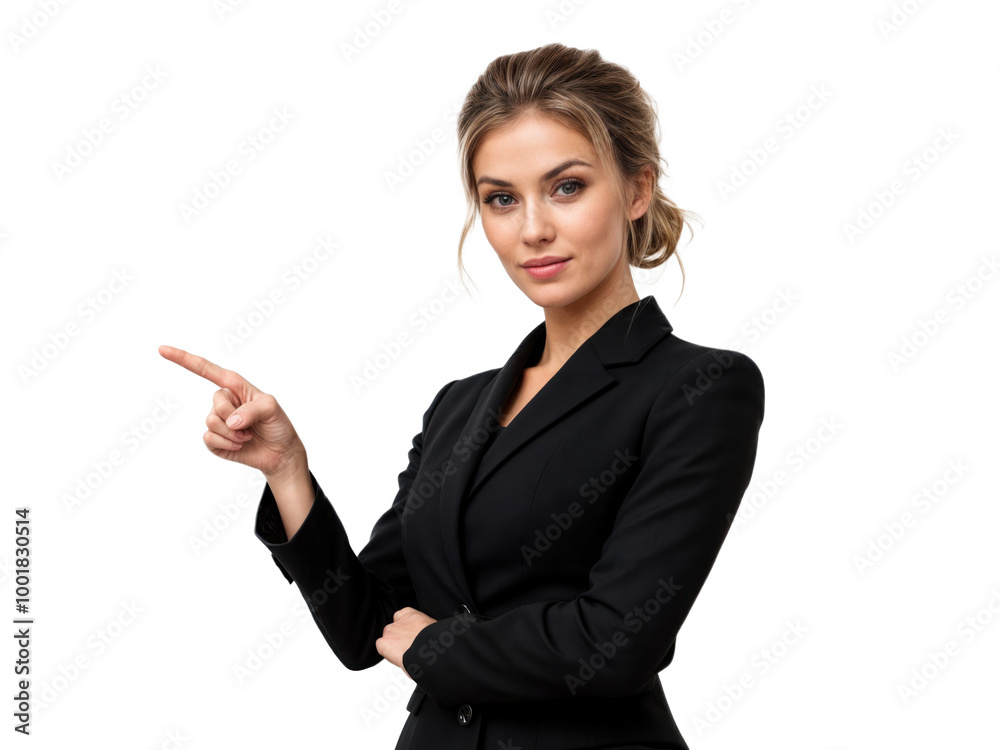 Mulher elegante com o dedo indicador apontando para o lado, apresentando algo Mulher elegante com o dedo indicador apontando para o lado, apresentando algo