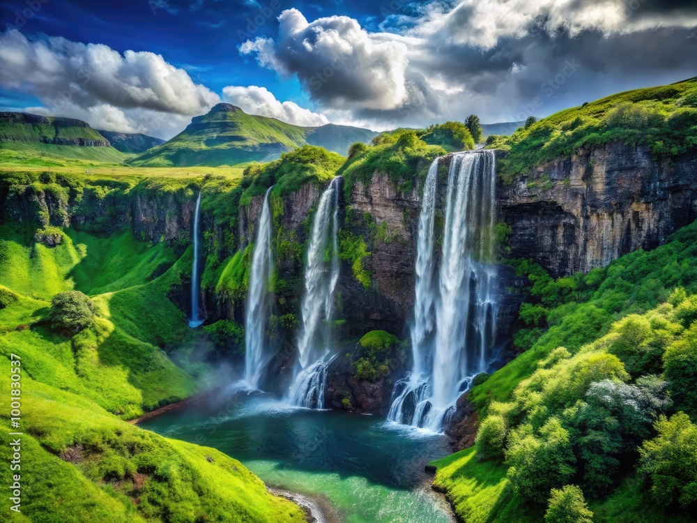 Fototapeta premium Majestic Seven Sisters Waterfall Cascading Down Lush Green Cliffs in Stunning Natural Landscape
