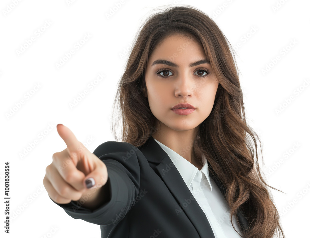 Mulher de negócios apontando o dedo para frente em sinal de citação de algo Mulher de negócios apontando o dedo para frente em sinal de citação de algo