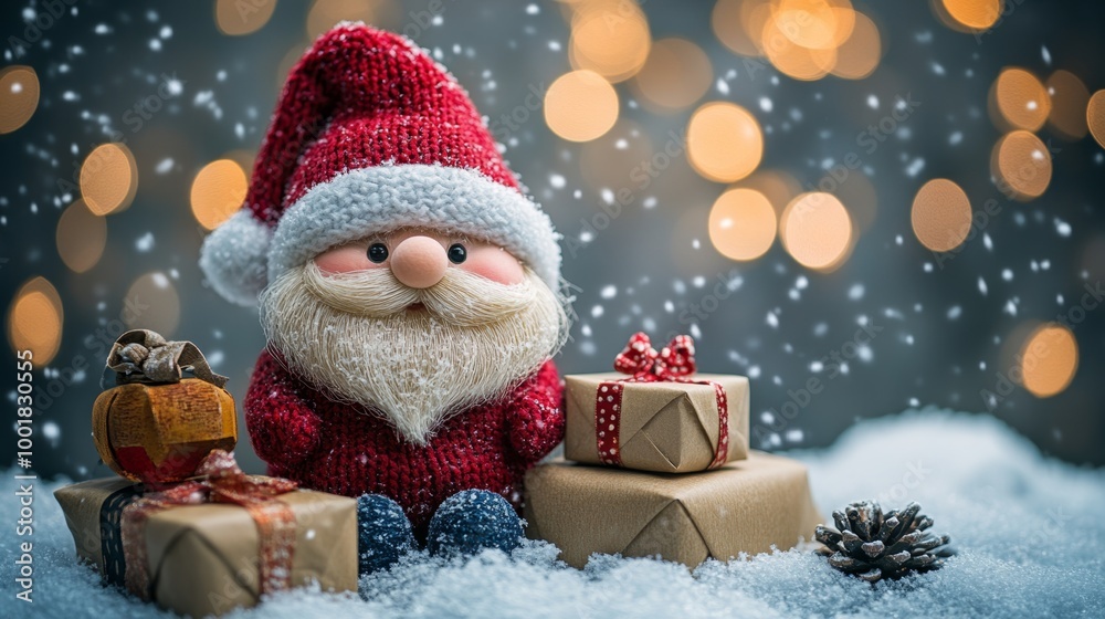 Christmas decoration with Santa Claus toy and gift box on bokeh background. Santa Claus on a small wooden sleigh with gifts. Christmas greeting card. Christmas decoration with Santa Claus toy and gift box on bokeh background. Santa Claus on a small wooden sleigh with gifts. Christmas greeting card.