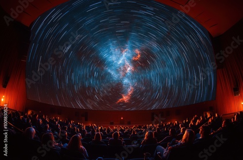 Visitors sit in a planetarium watching stunning star trails on a large domed screen during an evening show