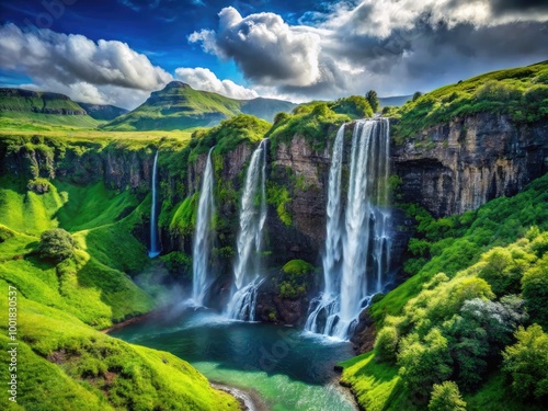 Majestic Seven Sisters Waterfall Cascading Down Lush Green Cliffs in Stunning Natural Landscape