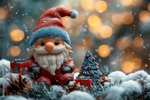 Christmas decoration with Santa Claus toy and gift box on bokeh background. Copy space. Santa Claus on a small wooden sleigh with gifts. Christmas greeting card.