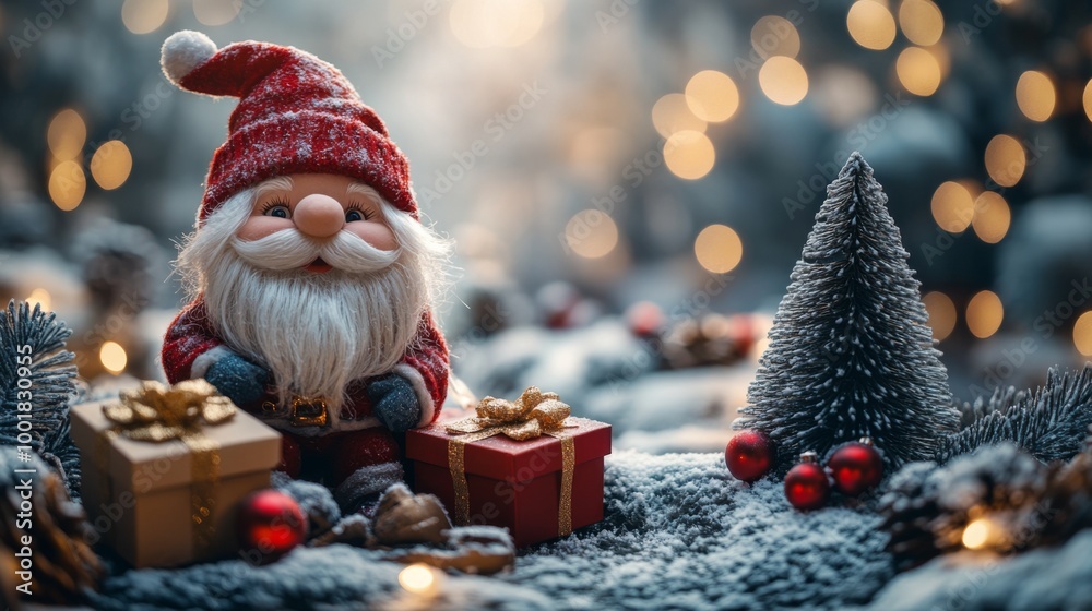 Obraz premium Christmas decoration with Santa Claus toy and gift box on bokeh background. Santa Claus on a small wooden sleigh with gifts. Christmas greeting card.