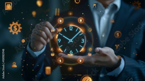 A businessman holds a glowing clock in his hands, surrounded by abstract digital symbols. The image suggests the importance of time management and efficiency in the business world.