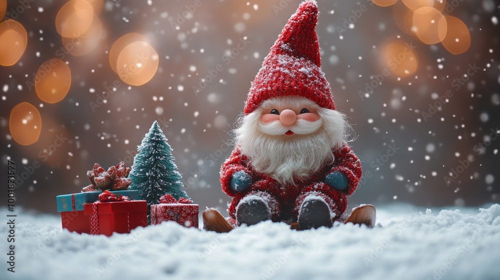 Christmas decoration with Santa Claus toy and gift box on bokeh background. Santa Claus on a small wooden sleigh with gifts. Christmas greeting card. Christmas decoration with Santa Claus toy and gift box on bokeh background. Santa Claus on a small wooden sleigh with gifts. Christmas greeting card.