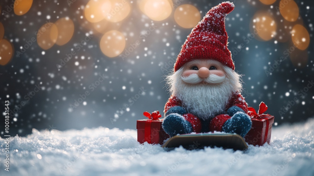 Christmas decoration with Santa Claus toy and gift box on bokeh background. Santa Claus on a small wooden sleigh with gifts. Christmas greeting card. Christmas decoration with Santa Claus toy and gift box on bokeh background. Santa Claus on a small wooden sleigh with gifts. Christmas greeting card.