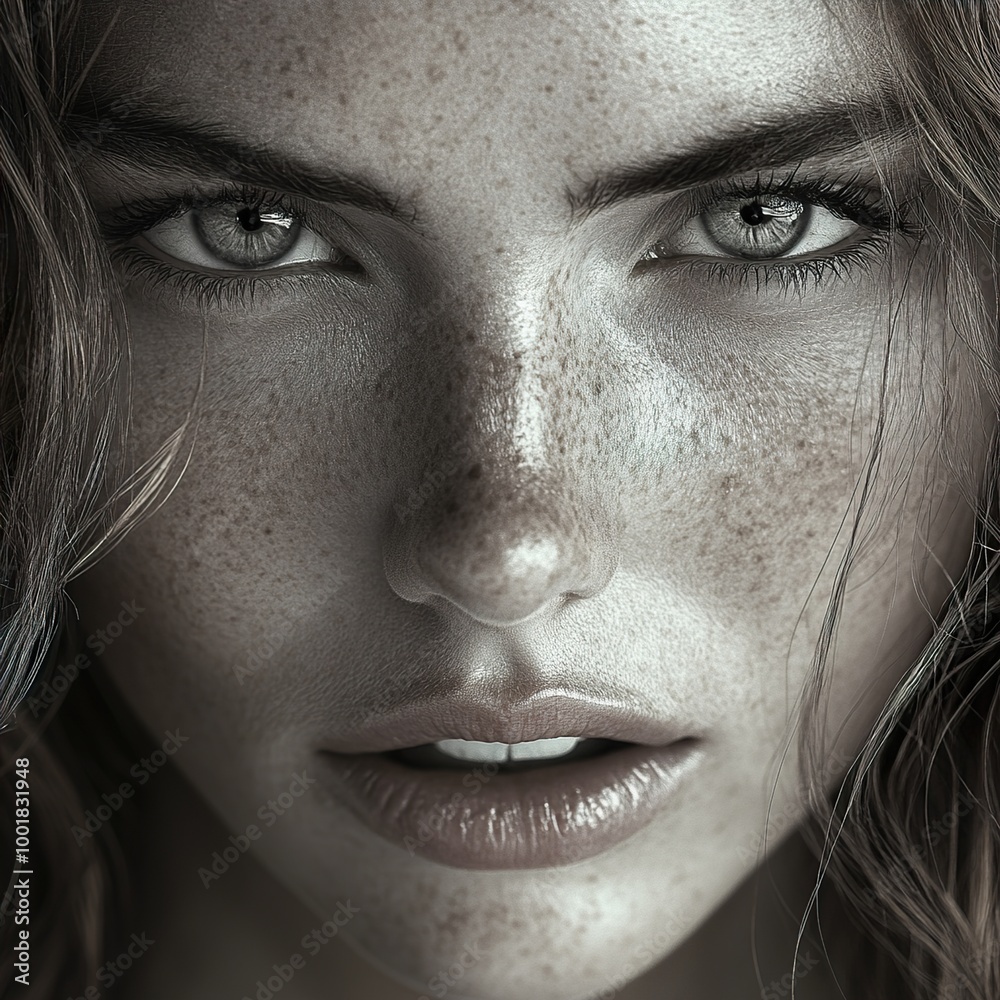 Close Up Portrait of a Woman with Freckles and Intense Eyes Close Up Portrait of a Woman with Freckles and Intense Eyes
