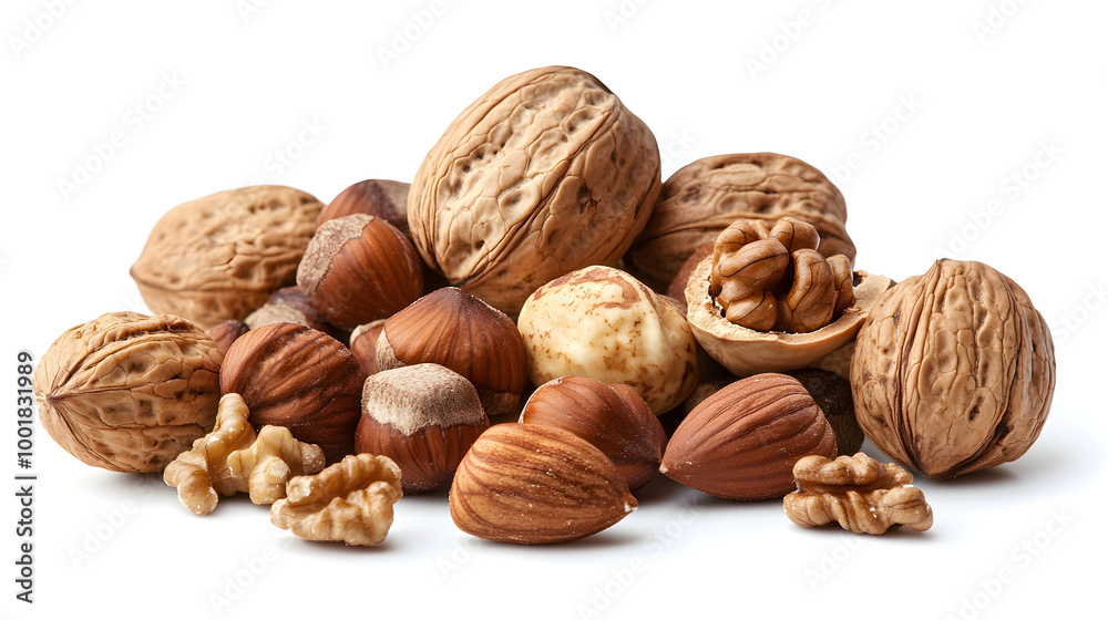 A handful of walnuts and hazelnuts, some in their shells A handful of walnuts and hazelnuts, some in their shells