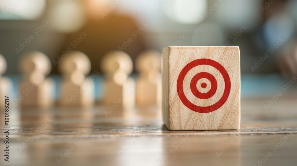 A red target is painted on a wooden block, standing out against a blurred background of other blocks. The image symbolizes reaching a goal.