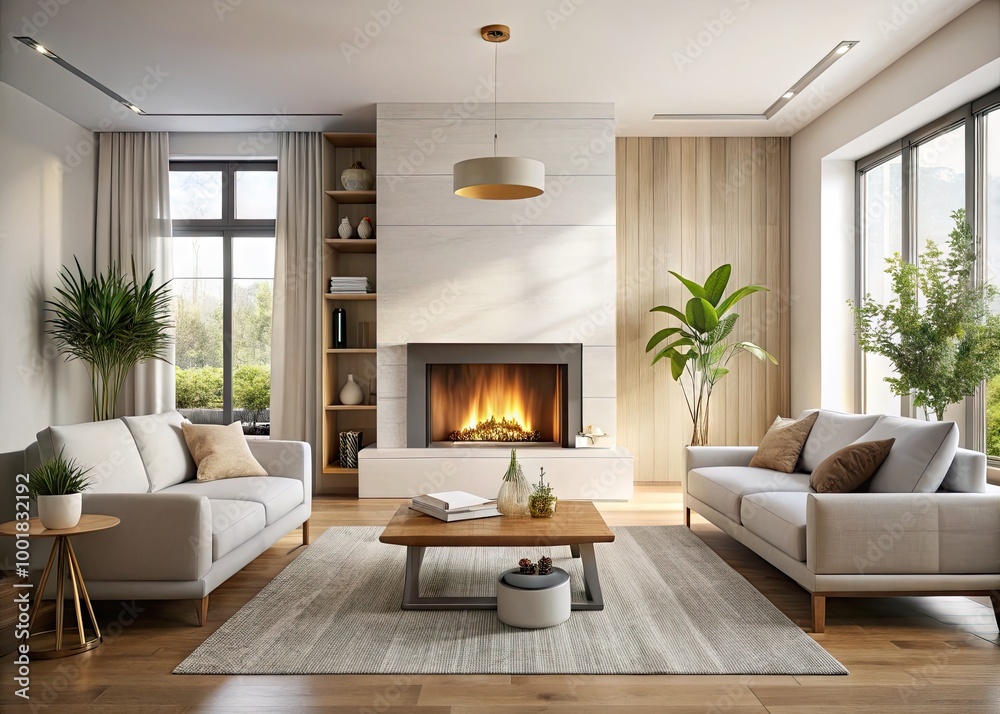 Fototapeta premium Modern Minimalist Fireplace Mantel with Clean Lines and Neutral Decor in a Bright Living Space