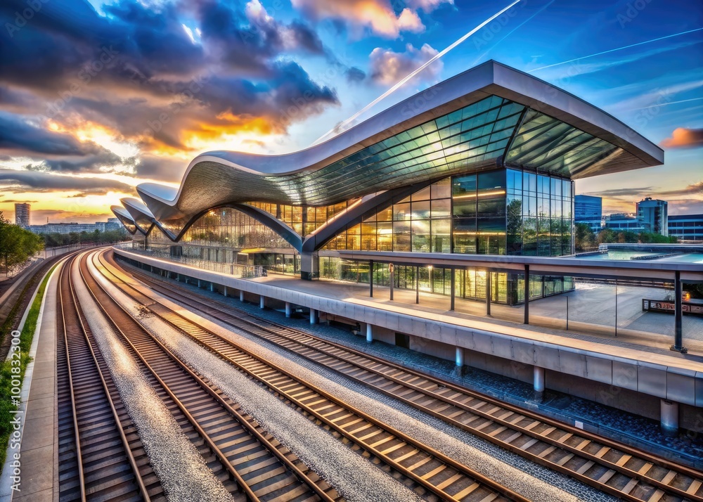 Fototapeta premium Modern Railway Station Architecture Featuring Sleek Lines and Innovative Design in Urban Landscape
