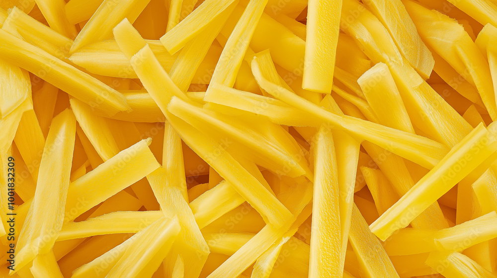 a close-up, top-down view, texture background of julienned pineapple spread across the entire frame, filling the image with their bright yellow color and juicy texture in thin, long strips a close-up, top-down view, texture background of julienned pineapple spread across the entire frame, filling the image with their bright yellow color and juicy texture in thin, long strips