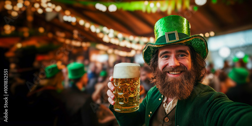 Happy Caucasian male with beard in green leprechaun hat holding a beer mug, celebrating St. Patrick’s Day indoors with a festive crowd at a pub photo