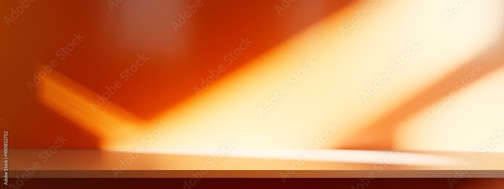 3D studio room with orange background. Empty floor and wall with product podium. Shadow overlay from window to countertop. Mockup illustration with sunlight. 3D studio room with orange background. Empty floor and wall with product podium. Shadow overlay from window to countertop. Mockup illustration with sunlight.