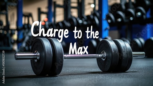 Heavyweight barbell in focus at gym with motivational quote charge to the max sport photo