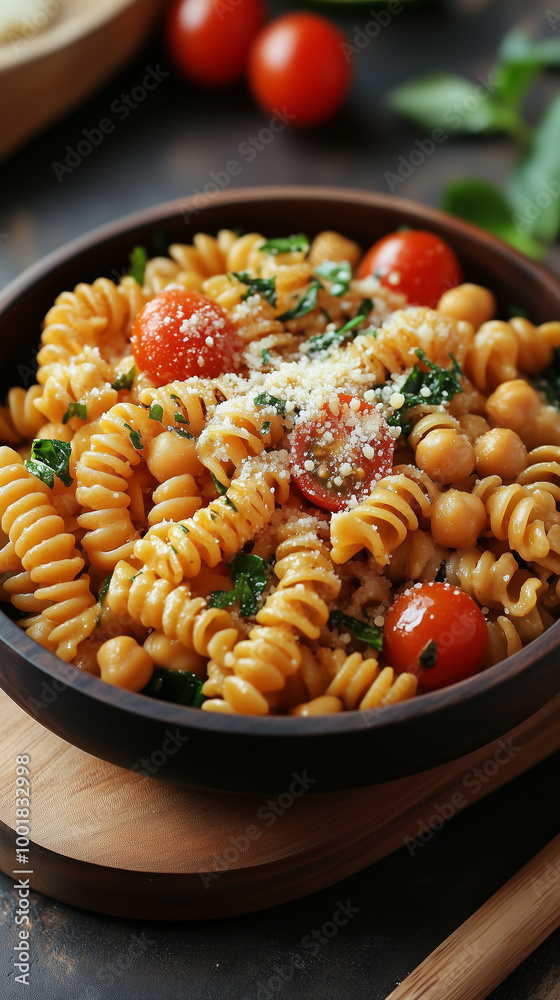 Delicious Chickpea Pasta Bowl: Cherry Tomatoes and Spinach with Olive Oil Dressing Delicious Chickpea Pasta Bowl: Cherry Tomatoes and Spinach with Olive Oil Dressing