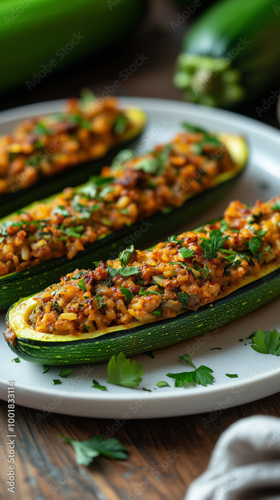 Baked Stuffed Zucchini Boats: Flavorful Zucchini Halves with a Savory Meat and Rice Filling Baked Stuffed Zucchini Boats: Flavorful Zucchini Halves with a Savory Meat and Rice Filling