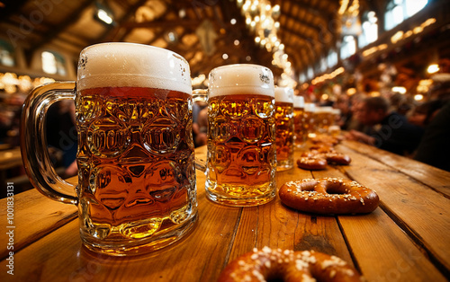 Oktoberfest Beer Steins and Pretzels on Wooden Table