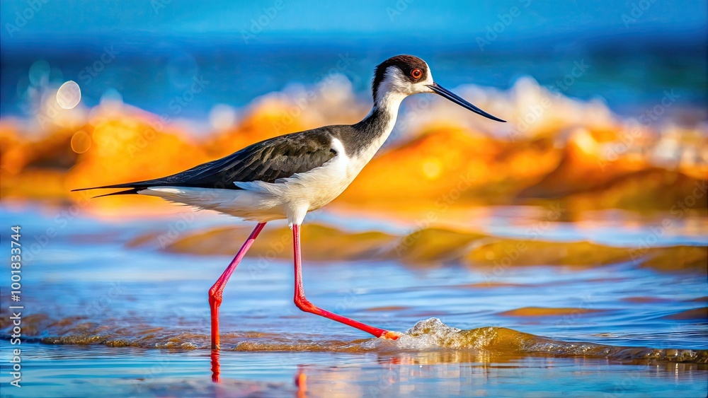 Obraz premium Pied Stilt Wading Through Shallow Water While Searching for Crabs on a Sunny Day at the Shore