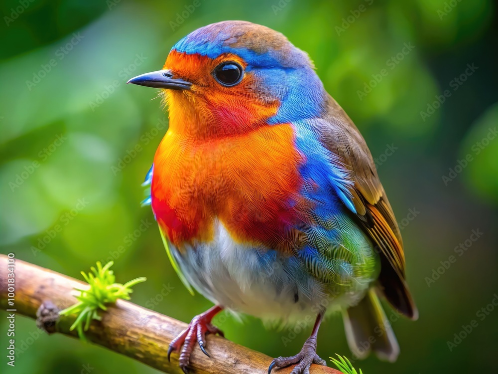 Fototapeta premium Playful Bird With Colorful Feathers Perched on a Branch Against a Vibrant Natural Background