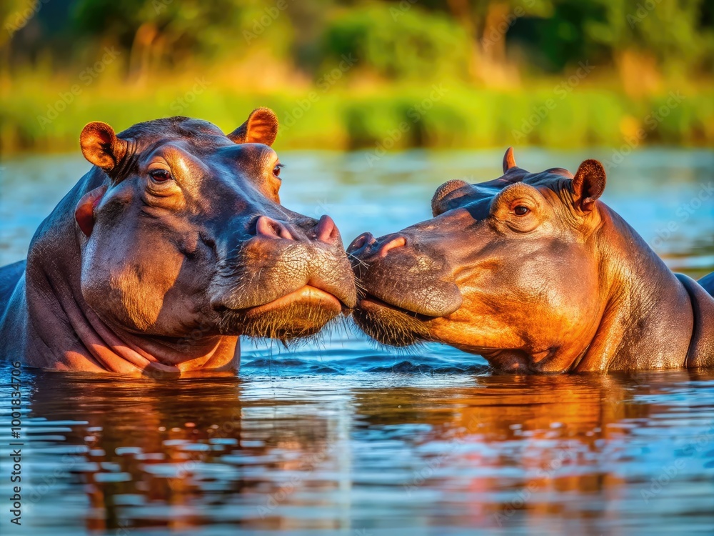 Playful Hippos Sharing a Sweet Kiss in a Serene Water Environment Capturing Nature's Affection Playful Hippos Sharing a Sweet Kiss in a Serene Water Environment Capturing Nature's Affection