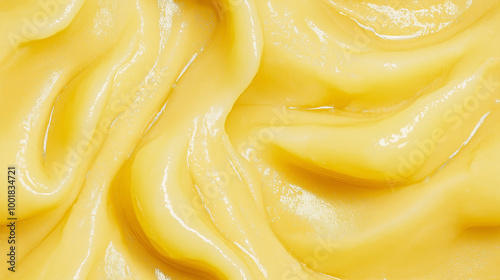 a close-up, top-down view, texture background of pear puree spread across the entire frame, showcasing its light yellow color and smooth consistency