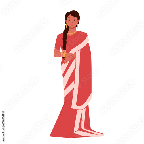 Indian woman in red saree standing. Young beautiful female character with long hair in braid, gold jewelry and traditional dress of India, front view full body portrait cartoon vector illustration