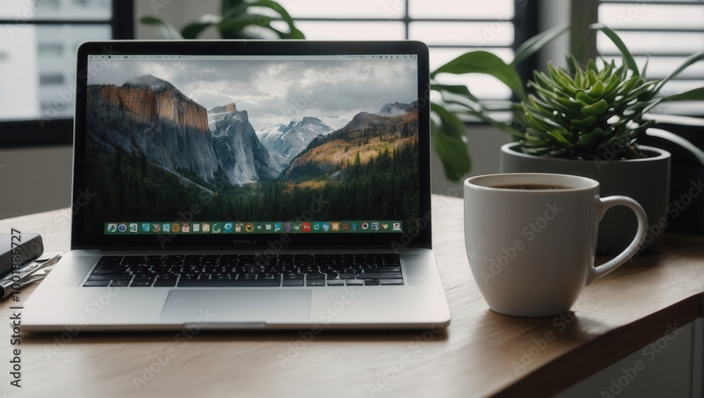 Minimal workspace with laptop and two mugs on a desk Minimal workspace with laptop and two mugs on a desk