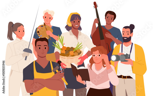 People of different occupation and skill, passion and hobby. Diverse happy group of young talent male and female characters holding professional equipment standing together cartoon vector illustration