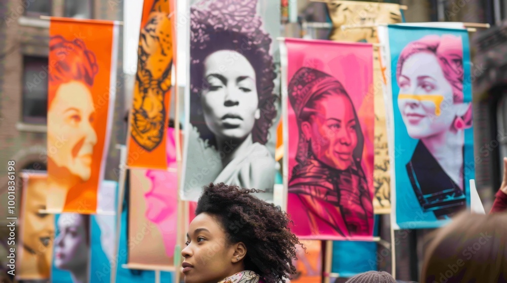 A young woman with curly hair stands in front of a wall of colorful banners featuring diverse women. The banners are a vibrant display of female empowerment. A young woman with curly hair stands in front of a wall of colorful banners featuring diverse women. The banners are a vibrant display of female empowerment.